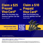NAPA AutoCare ignition coil rebate flyer, up to $25 prepaid card, July 1 to August 31 2026