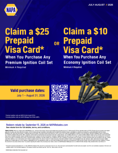 NAPA AutoCare ignition coil rebate flyer, up to $25 prepaid card, July 1 to August 31 2026