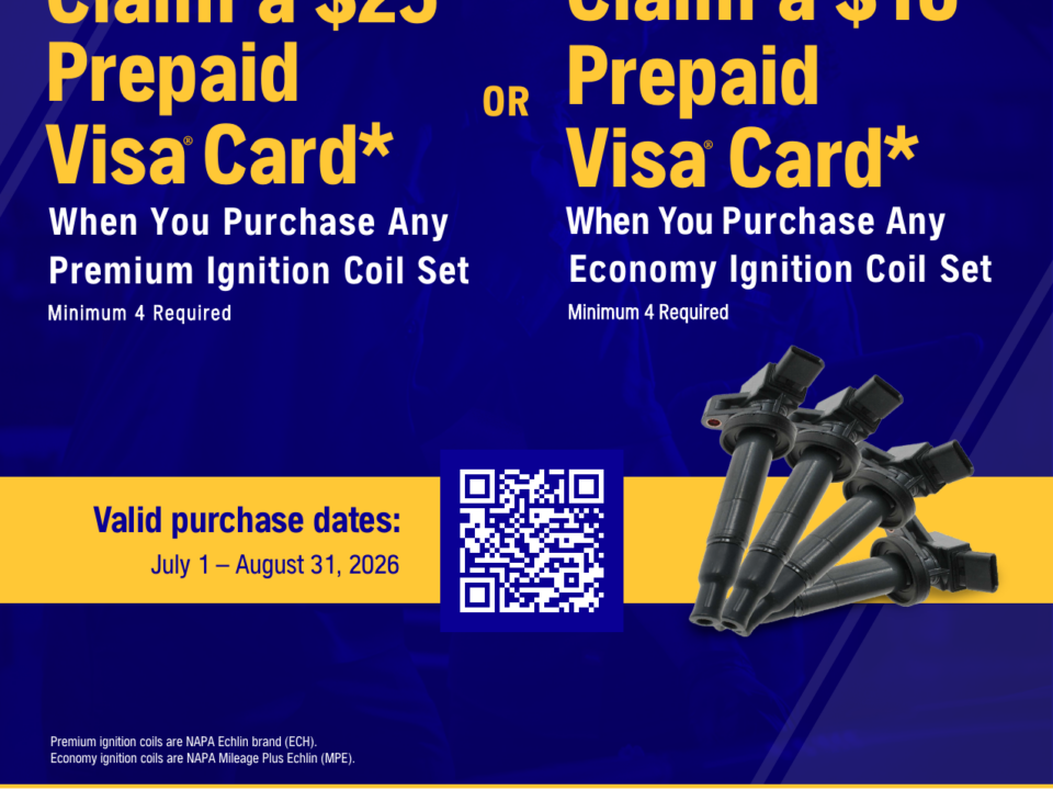NAPA AutoCare ignition coil rebate flyer, up to $25 prepaid card, July 1 to August 31 2026